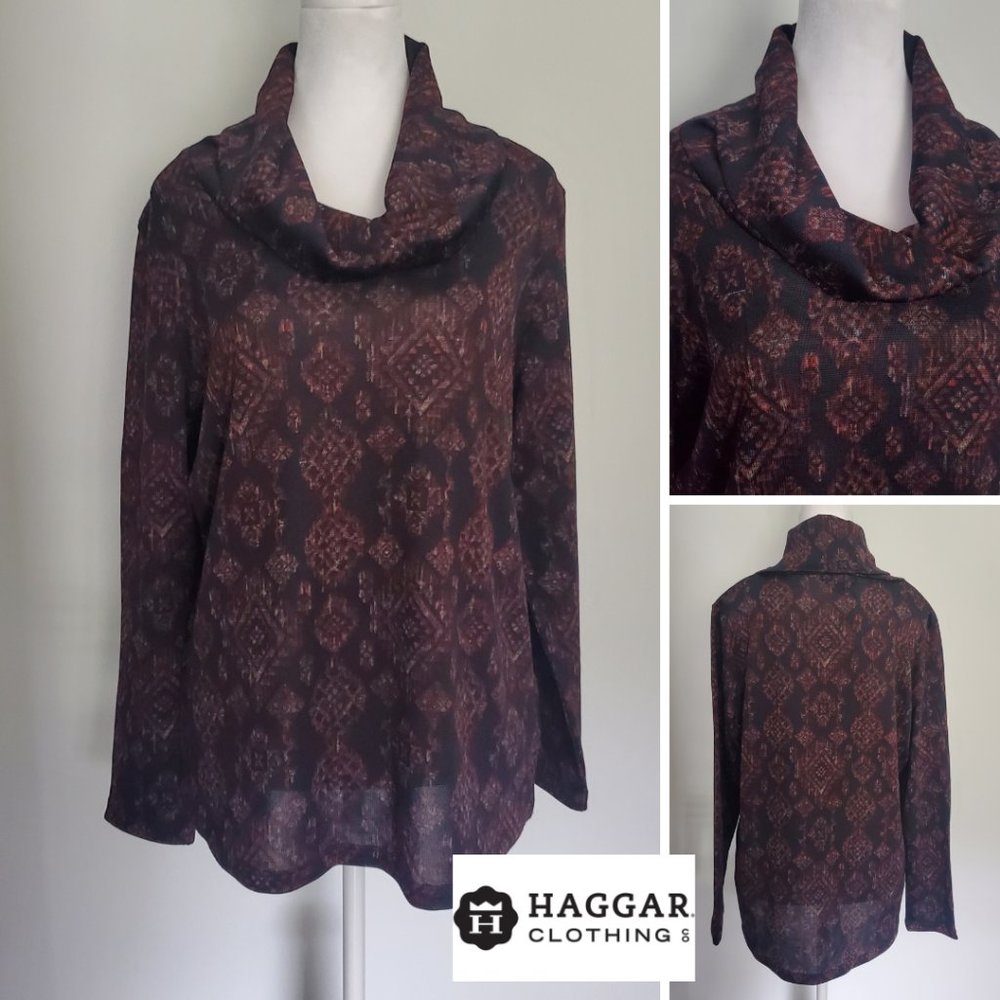 HAGGAR Lightweight Knit Cowl Neck Top Brown Reds Southwestern Tribal Pattern